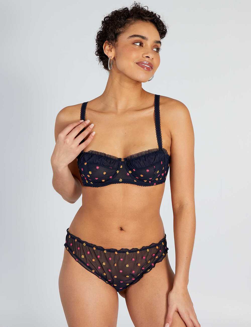 Floral-embroidered tulle demi-cup bra