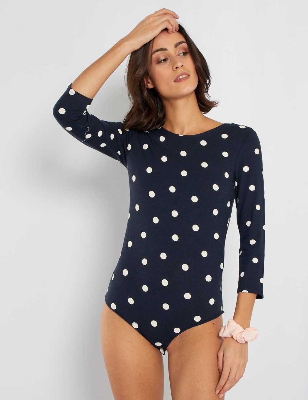 03 white with black polka dots long sleeve bathing suit with